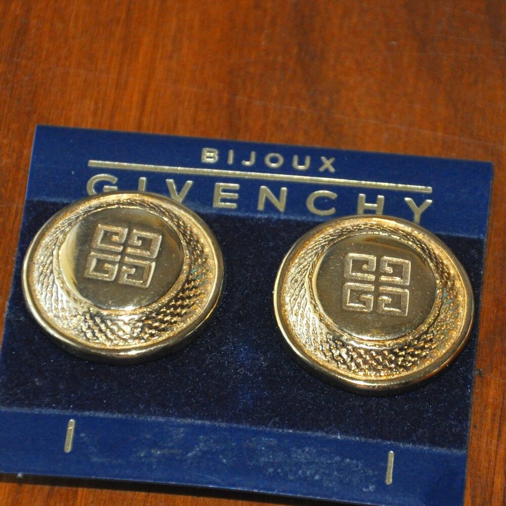 NEW Vintage 80s Givenchy Logo Gold Tone Clip On Earrings Statement Chunky Round